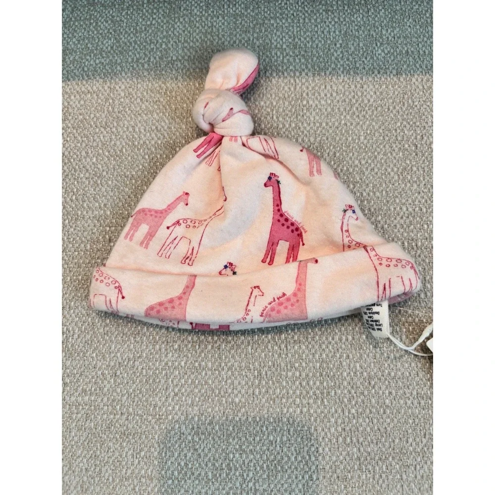 Janie and Jack Newborn Pink Giraffe Print Knotted Beanie Hat Cotton Cap NWT